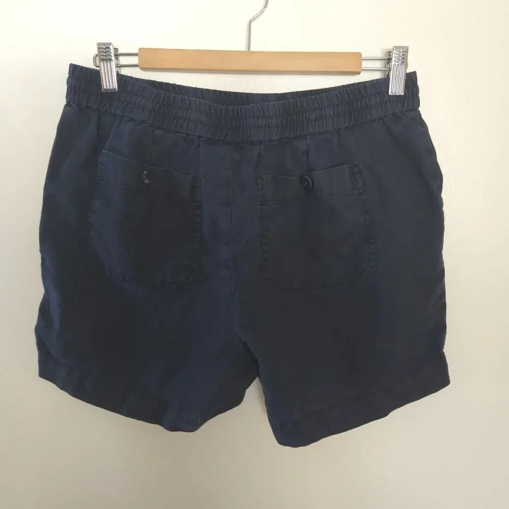 Talbots Navy Blue 100% Linen Drawstring Elastic Waist Shorts Medium Petite